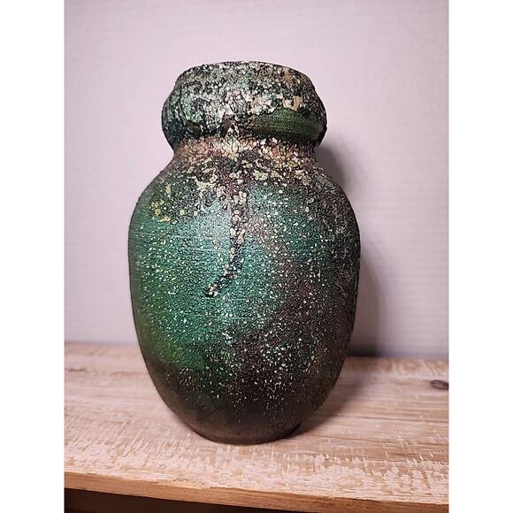 Janka Raku Pottery Vase Vessel Green Rust Orange 7" Handmade Wheel Thrown - Picture 5 of 9